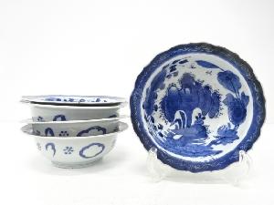 古伊万里　染付　岩に牡丹　なます皿　5客揃